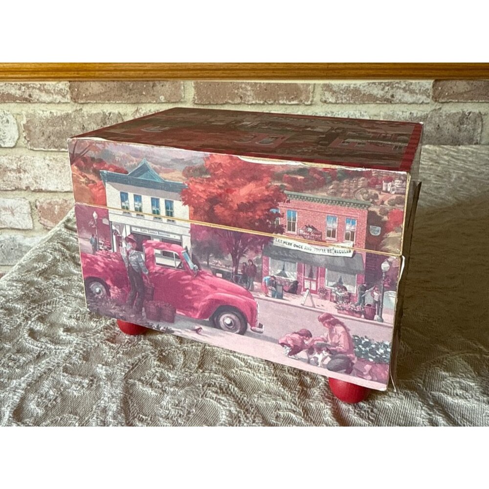 Hallmark Candy or Recipe  Box With Red & White Vintage Town Scene
